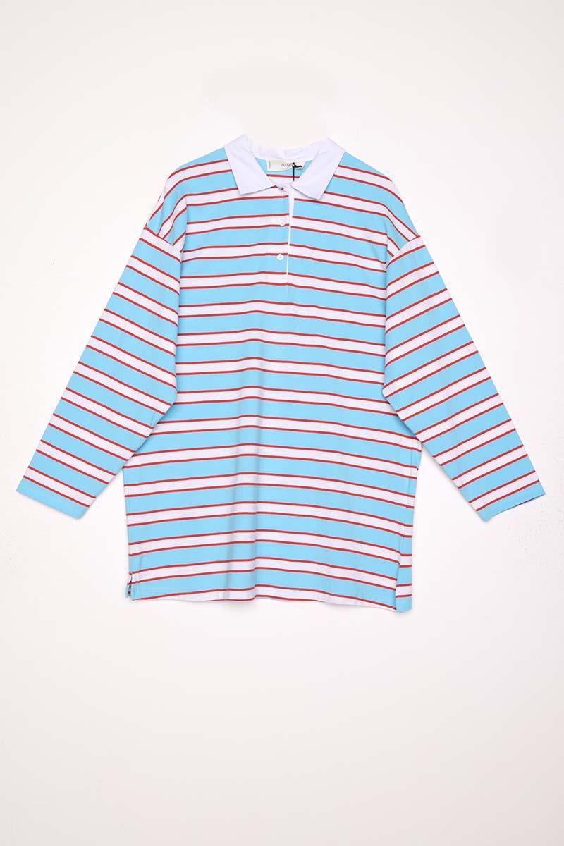 Mavi-Kırmızı-Pamuklu Polo Yaka Çizgili Sweat Tunik
