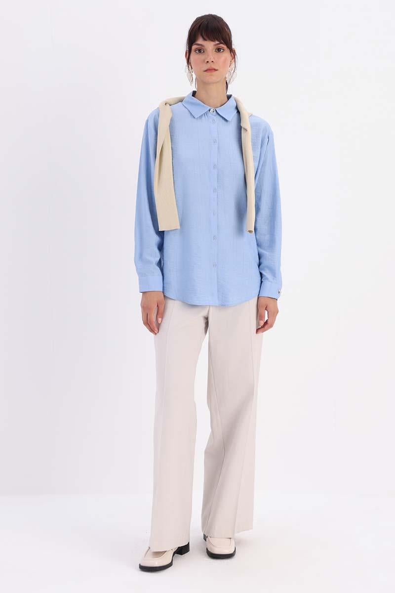 Mavi-KÖŞE MANŞET DETAYLI ŞIK DÜĞMELİ GÖMLEK