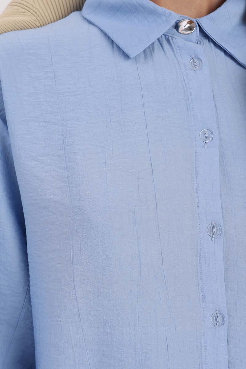 Mavi-KÖŞE MANŞET DETAYLI ŞIK DÜĞMELİ GÖMLEK