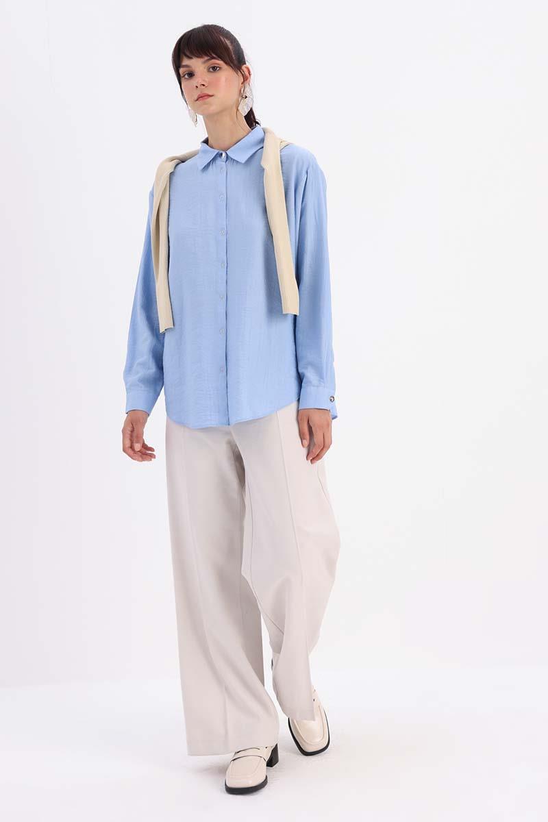 Mavi-KÖŞE MANŞET DETAYLI ŞIK DÜĞMELİ GÖMLEK