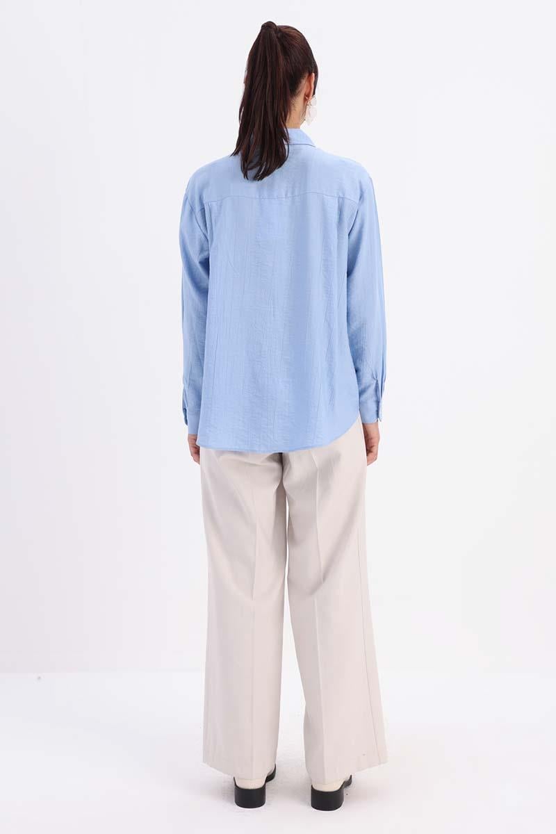 Mavi-KÖŞE MANŞET DETAYLI ŞIK DÜĞMELİ GÖMLEK