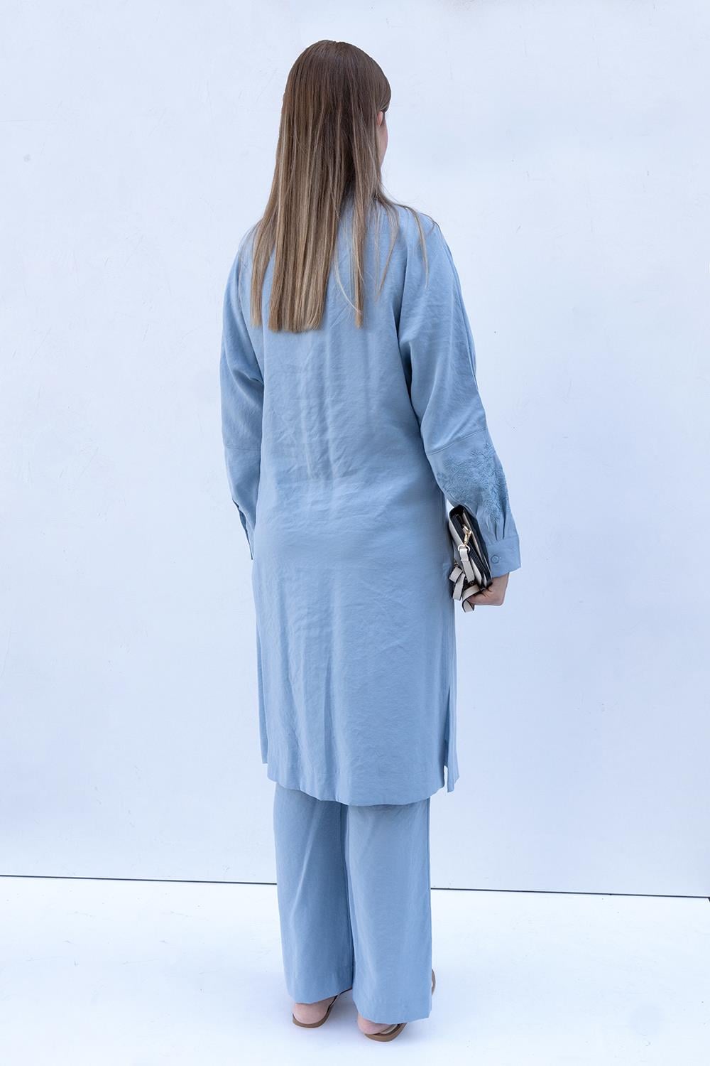Mavi-Nakış Detaylı Modal Pantolonlu Takım