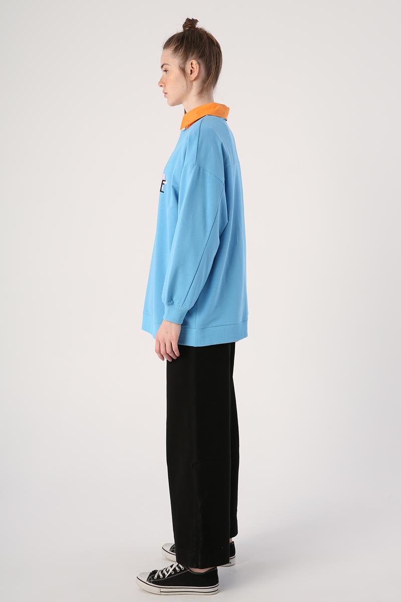 Mavi-Oversize Bisiklet Yaka Baskılı Sweatshirt