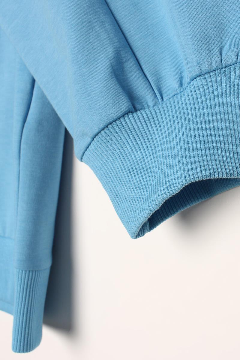 Mavi-Oversize Bisiklet Yaka Baskılı Sweatshirt