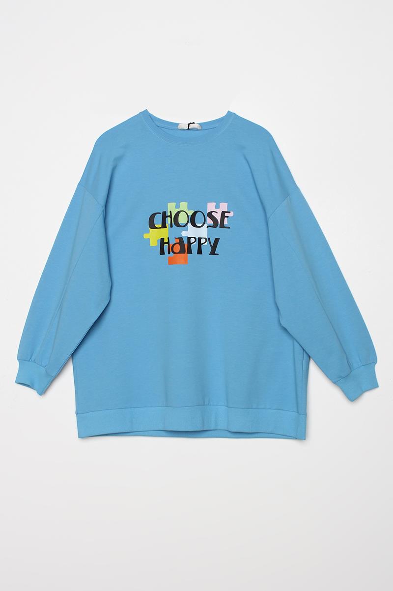 Mavi-Oversize Bisiklet Yaka Baskılı Sweatshirt