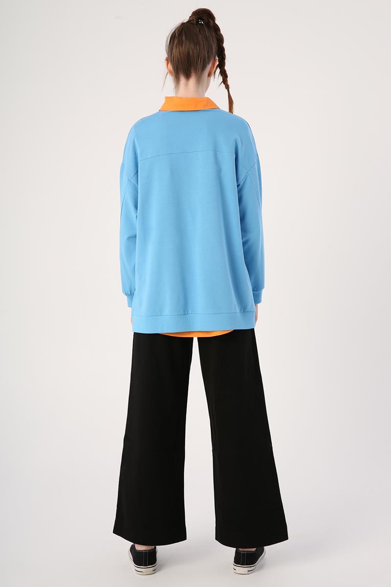 Mavi-Oversize Bisiklet Yaka Baskılı Sweatshirt