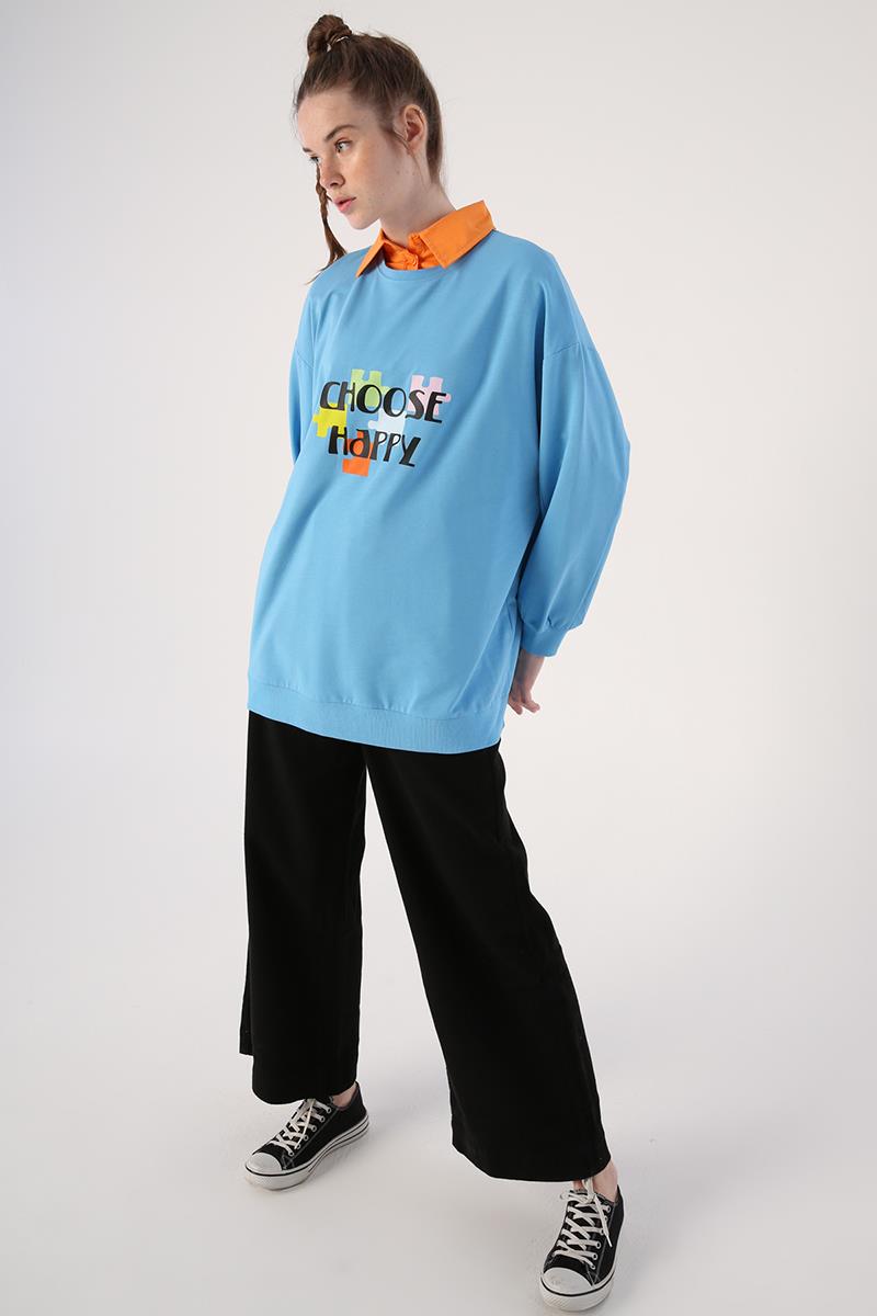 Mavi-Oversize Bisiklet Yaka Baskılı Sweatshirt