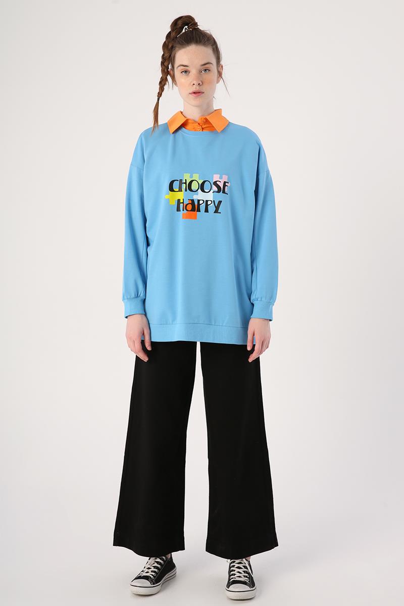 Mavi-Oversize Bisiklet Yaka Baskılı Sweatshirt