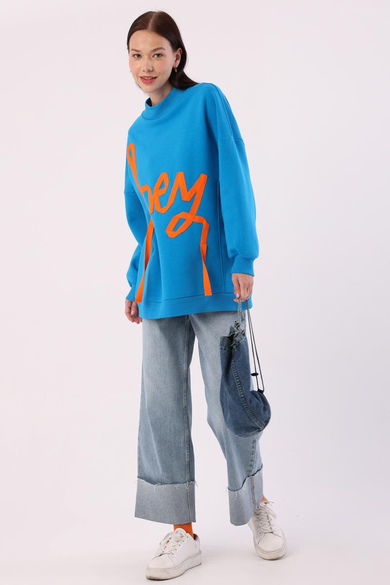 Mavi-Oversize Şardonlu Şerit Detaylı Sweatshirt