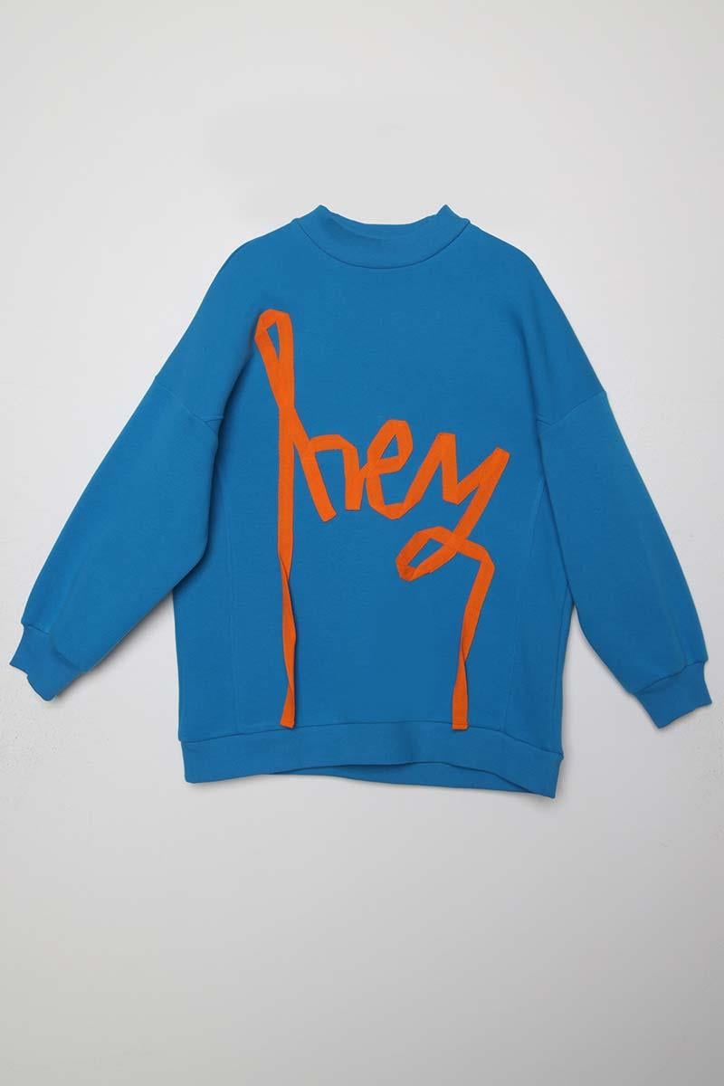 Mavi-Oversize Şardonlu Şerit Detaylı Sweatshirt