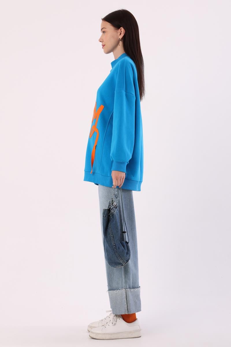 Mavi-Oversize Şardonlu Şerit Detaylı Sweatshirt