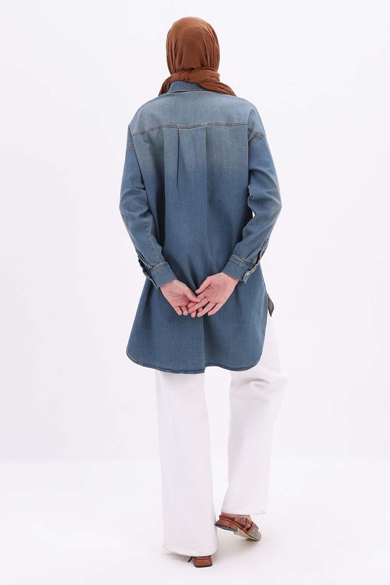 Mavi-Pamuklu Denim Gömlek Tunik