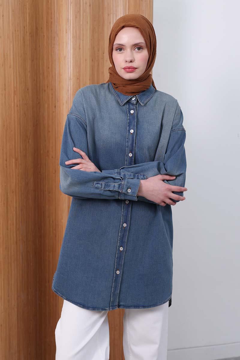 Mavi-Pamuklu Denim Gömlek Tunik