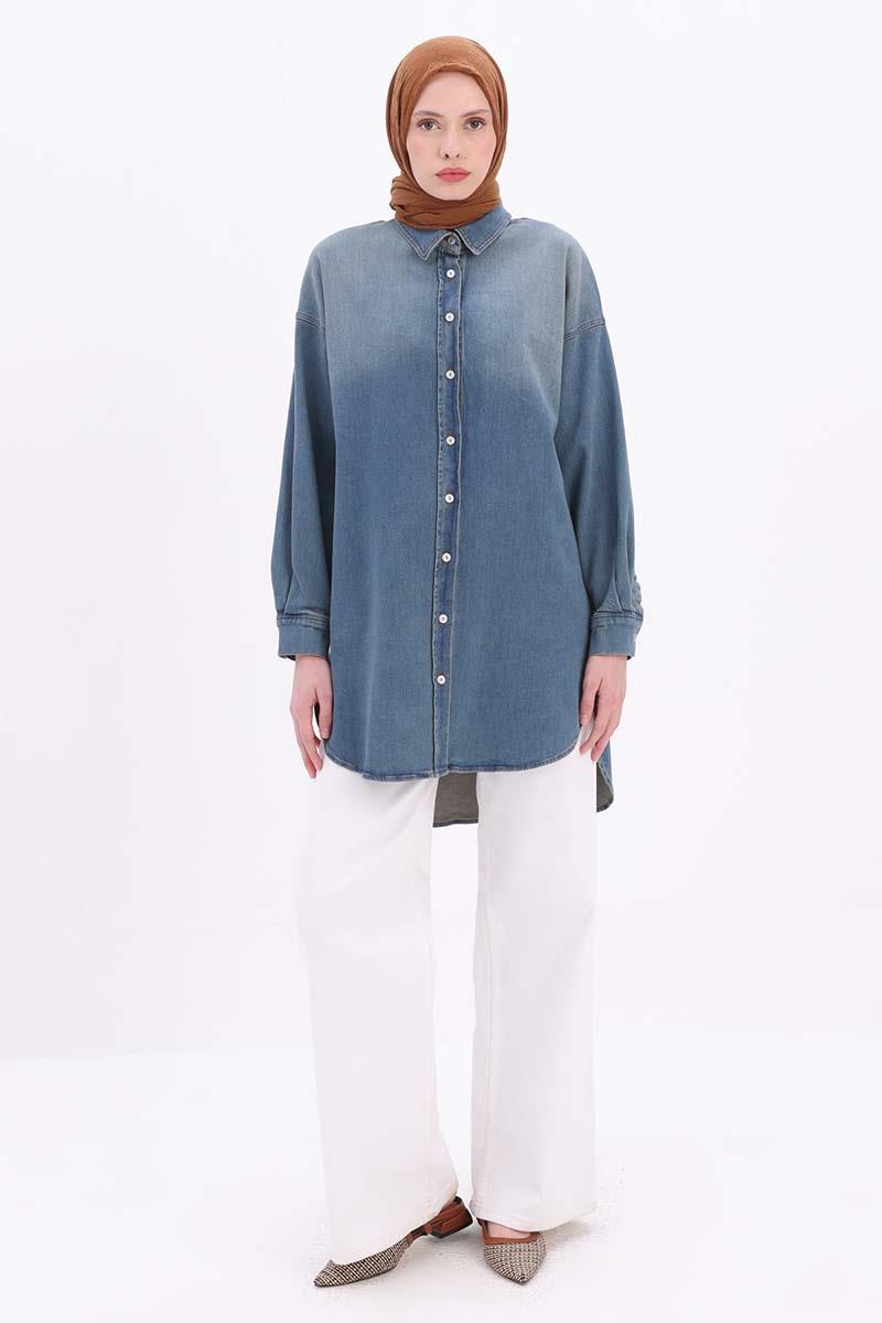 Mavi-Pamuklu Denim Gömlek Tunik