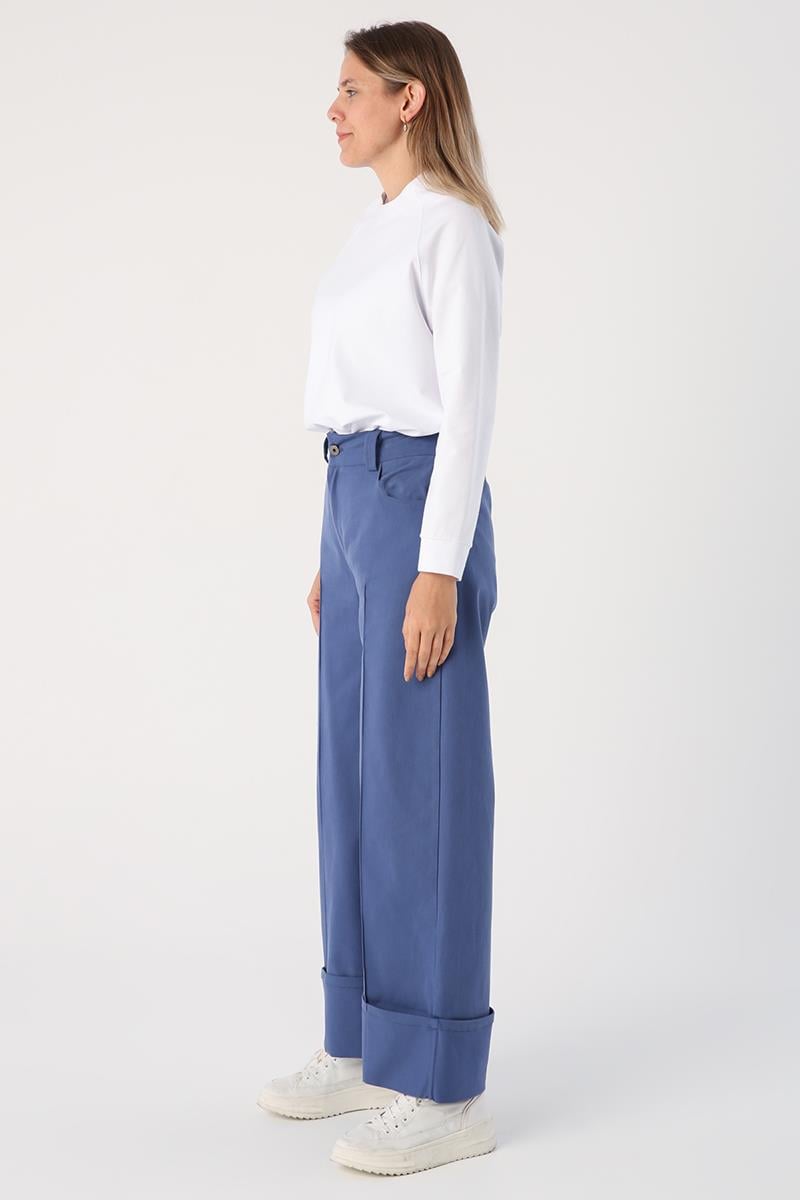 Blue-Cotton Wide Leg Fold Trousers