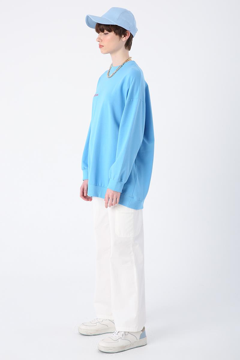 Mavi-Pamuklu Sundream Baskılı Sweatshirt