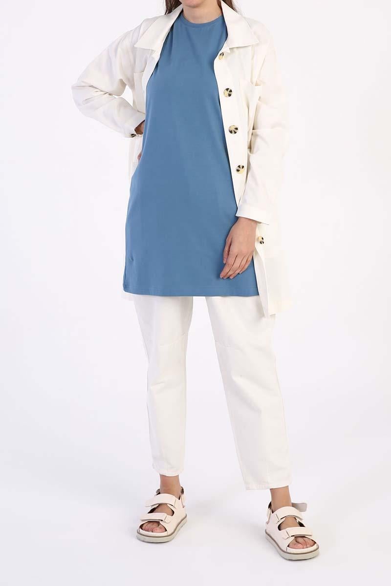 Blue-Cotton Collar Piping Sleeveless Tunic