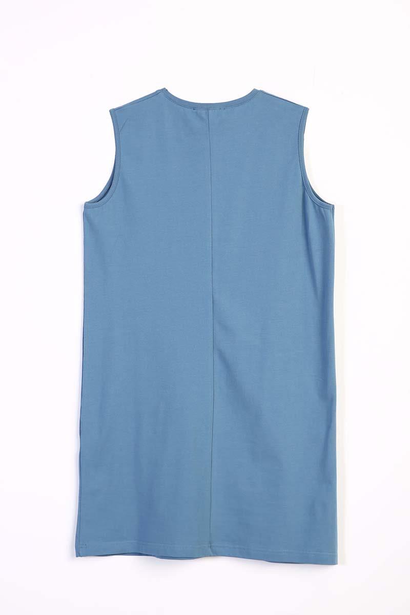 Blue-Cotton Collar Piping Sleeveless Tunic