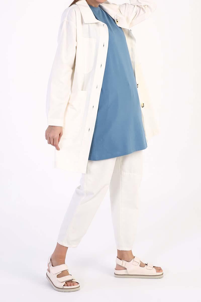 Blue-Cotton Collar Piping Sleeveless Tunic