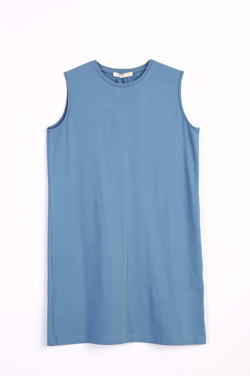 Blue-Cotton Collar Piping Sleeveless Tunic