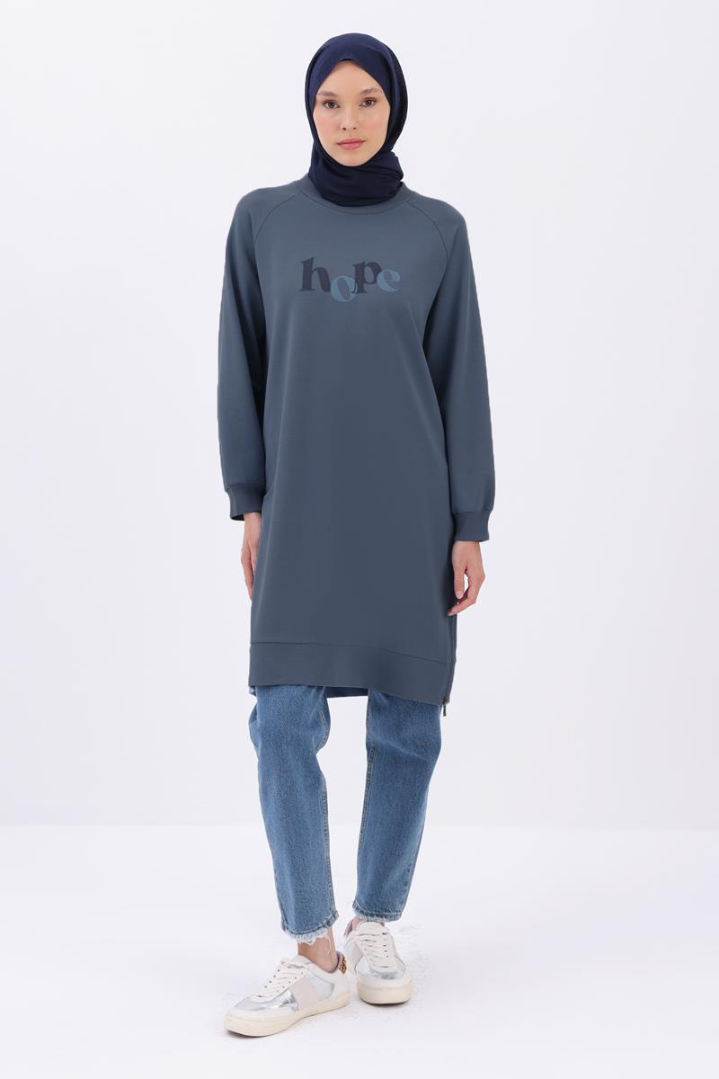 Mavi-YANDAN GARNİ YIRTMAÇLI SWEAT TUNİK