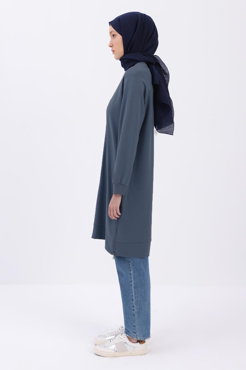 Mavi-YANDAN GARNİ YIRTMAÇLI SWEAT TUNİK