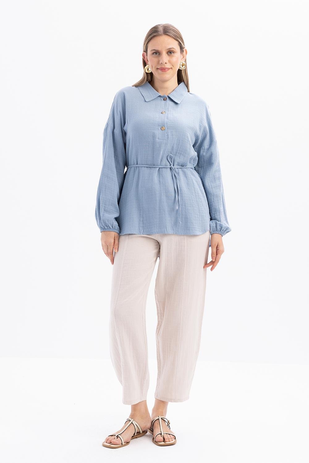 Mavi-Yarım Patlı Düğmeli Müslin Tunik