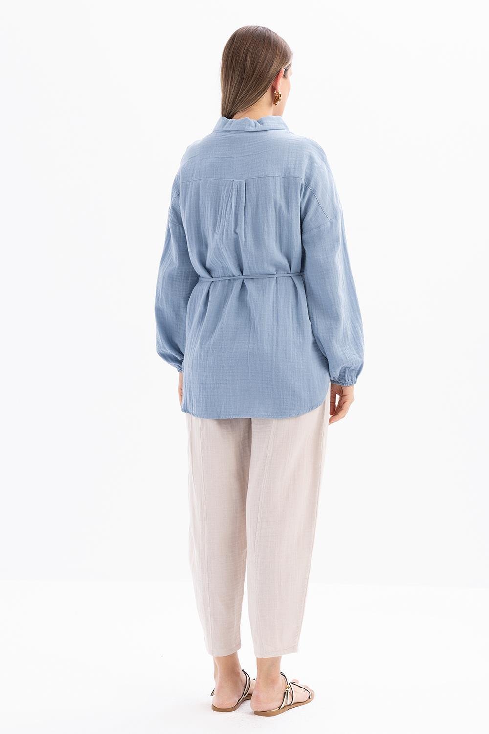 Mavi-Yarım Patlı Düğmeli Müslin Tunik