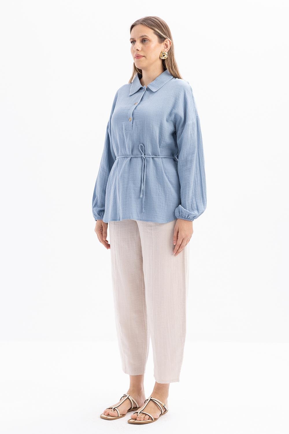 Mavi-Yarım Patlı Düğmeli Müslin Tunik