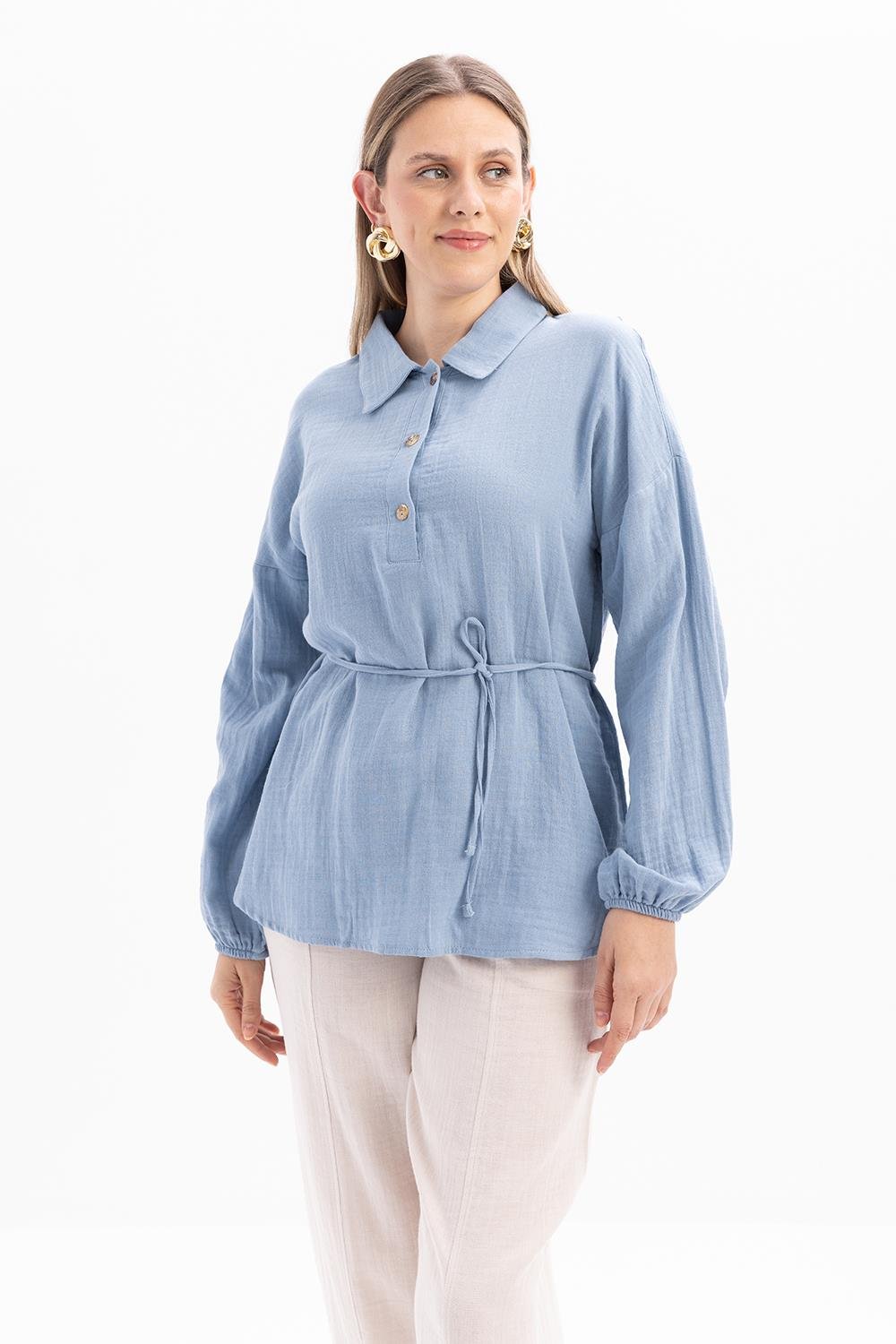 Mavi-Yarım Patlı Düğmeli Müslin Tunik