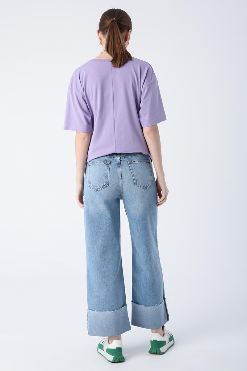 Mavi01-%100 Pamuk Yüksek Bel Bol Paça Katlama Detaylı Denim Pantolon