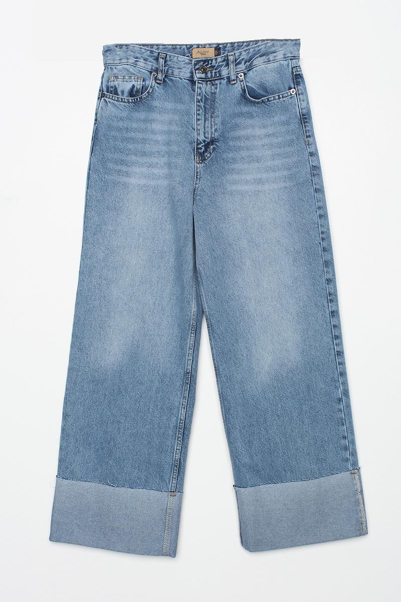 Mavi01-%100 Pamuk Yüksek Bel Bol Paça Katlama Detaylı Denim Pantolon