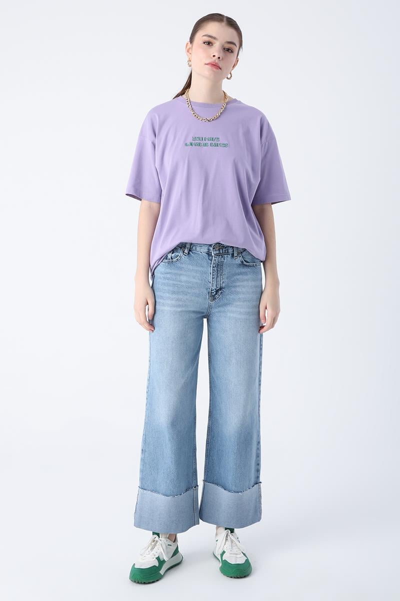 Mavi01-%100 Pamuk Yüksek Bel Bol Paça Katlama Detaylı Denim Pantolon