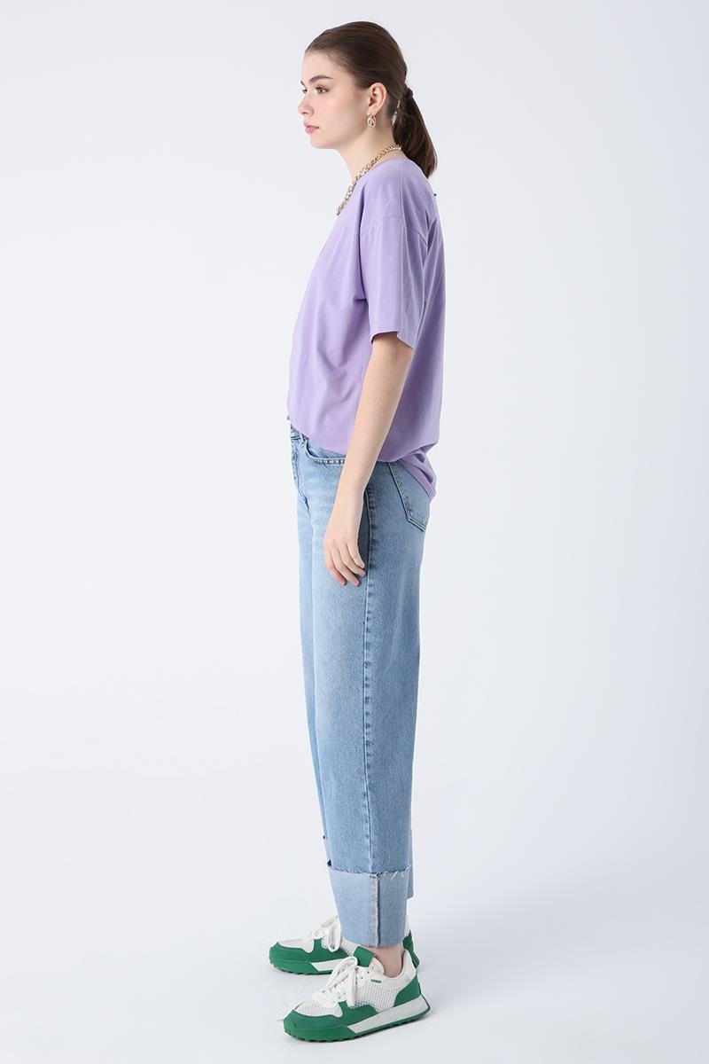 Mavi01-%100 Pamuk Yüksek Bel Bol Paça Katlama Detaylı Denim Pantolon