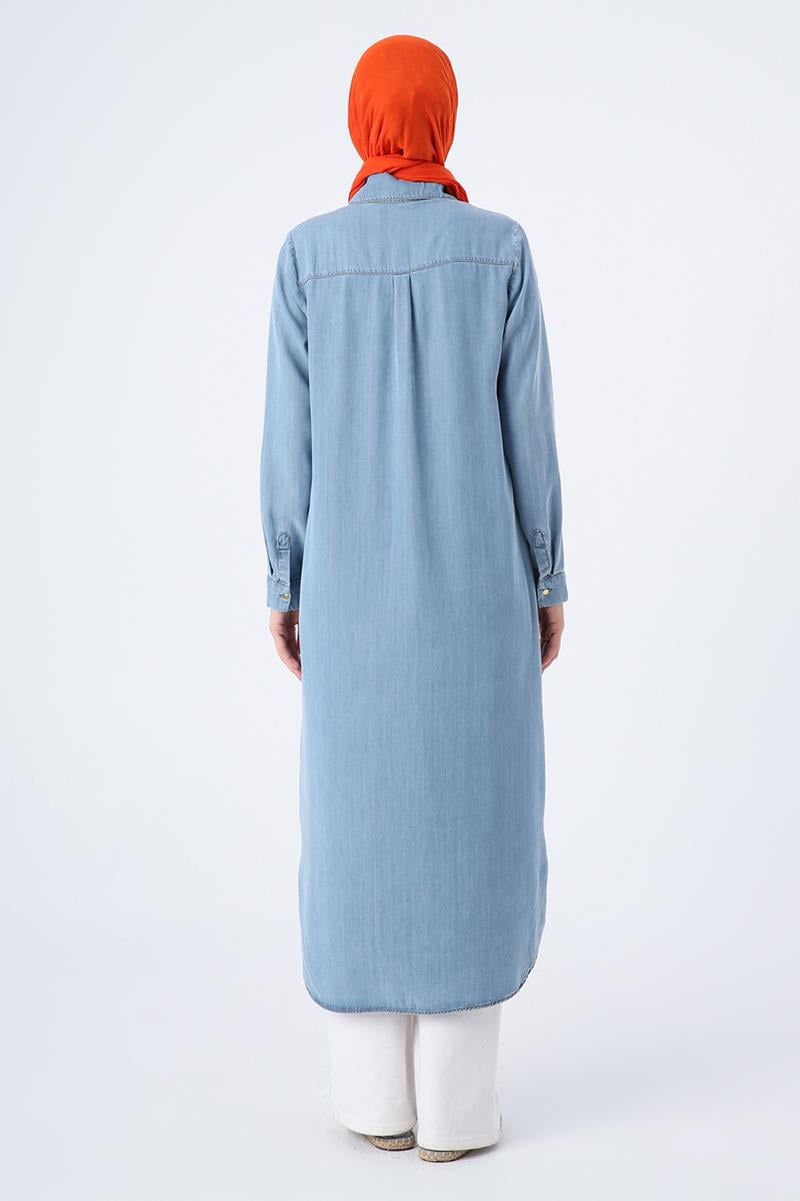 Mavi01-Denim Yırtmaçlı Uzun Gömlek Tunik