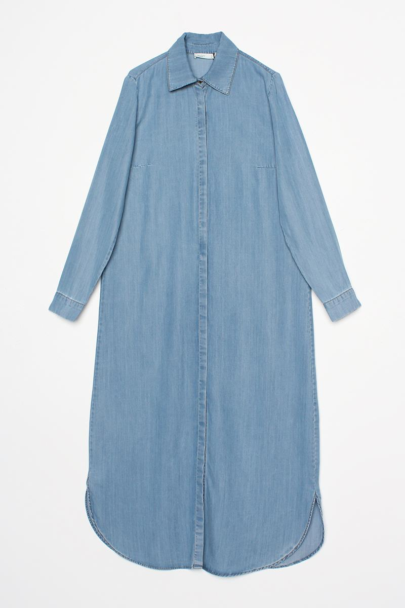 Mavi01-Denim Yırtmaçlı Uzun Gömlek Tunik