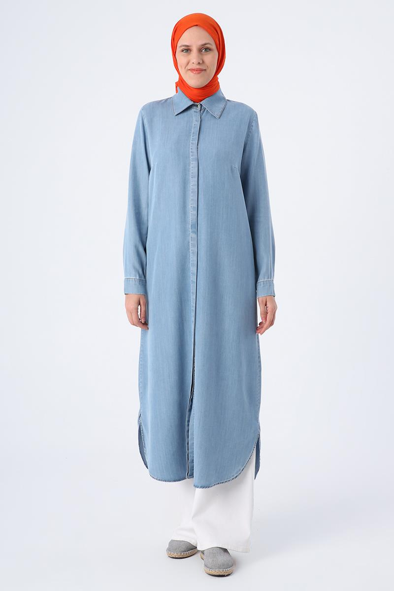 Mavi01-Denim Yırtmaçlı Uzun Gömlek Tunik
