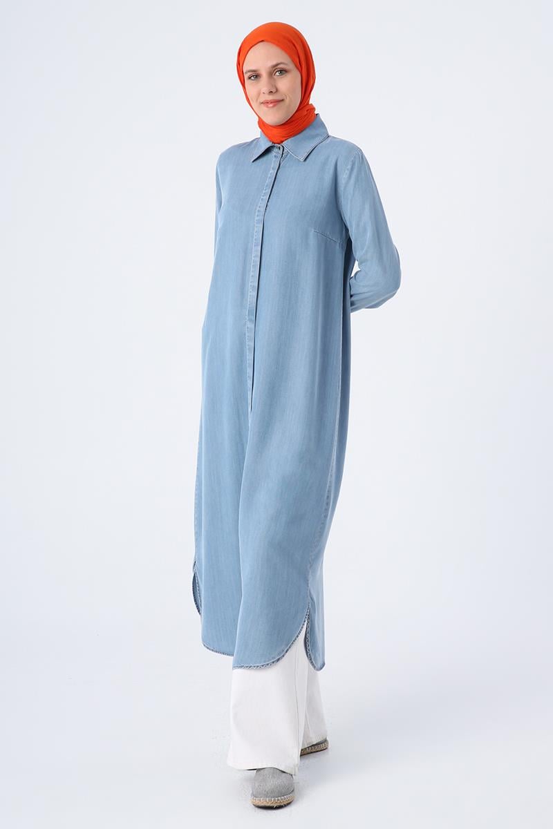 Mavi01-Denim Yırtmaçlı Uzun Gömlek Tunik