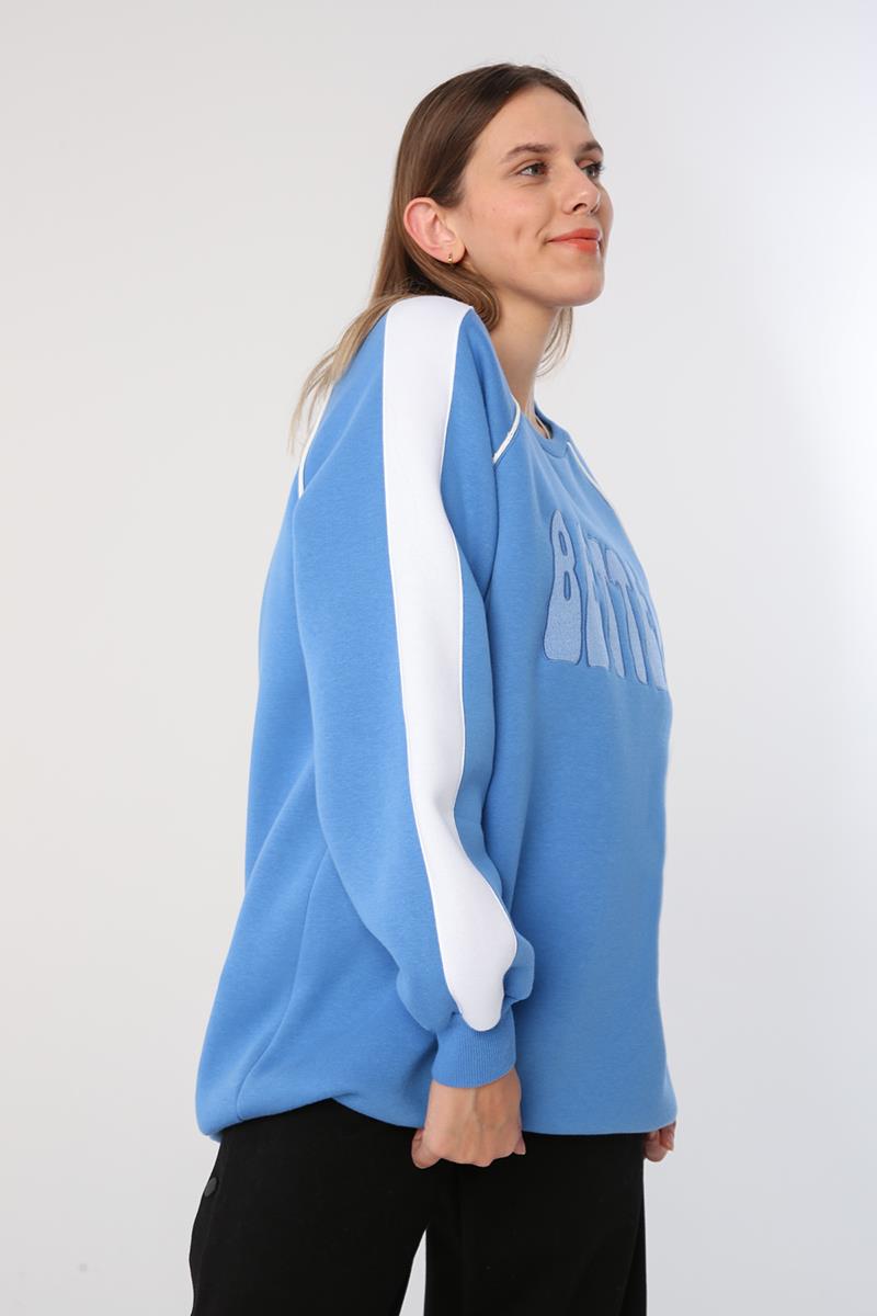 Mavi01-Kontrast Garnili Nakışlı Şardonlu Sweatshirt