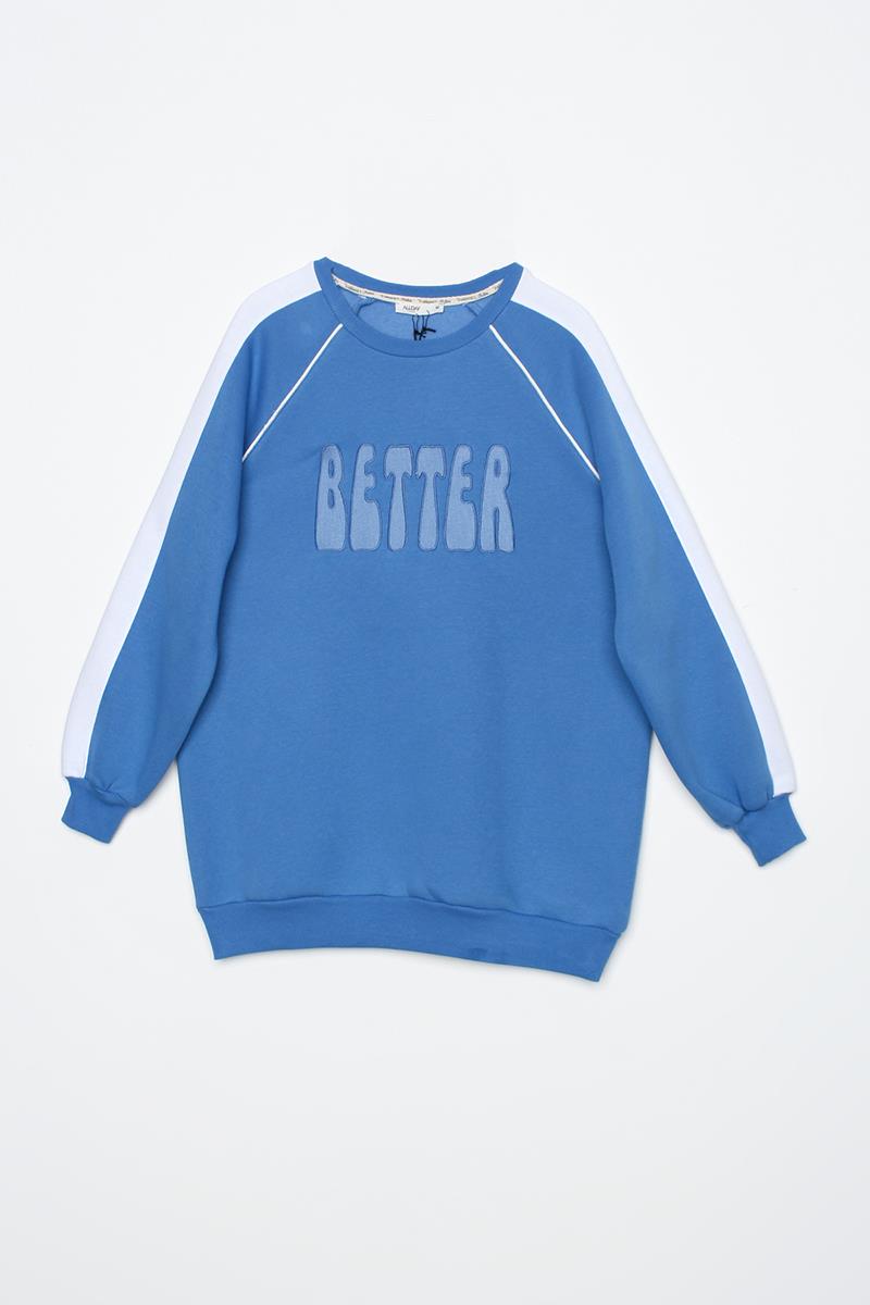 Mavi01-Kontrast Garnili Nakışlı Şardonlu Sweatshirt