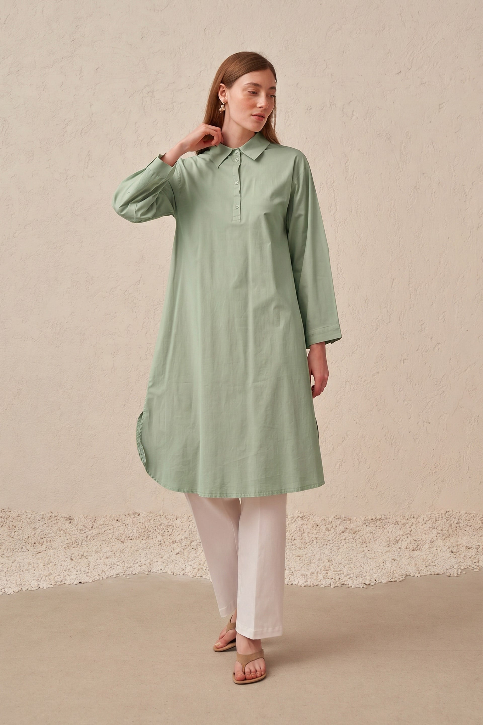 Mint-Düğme Detaylı Poplin Tunik