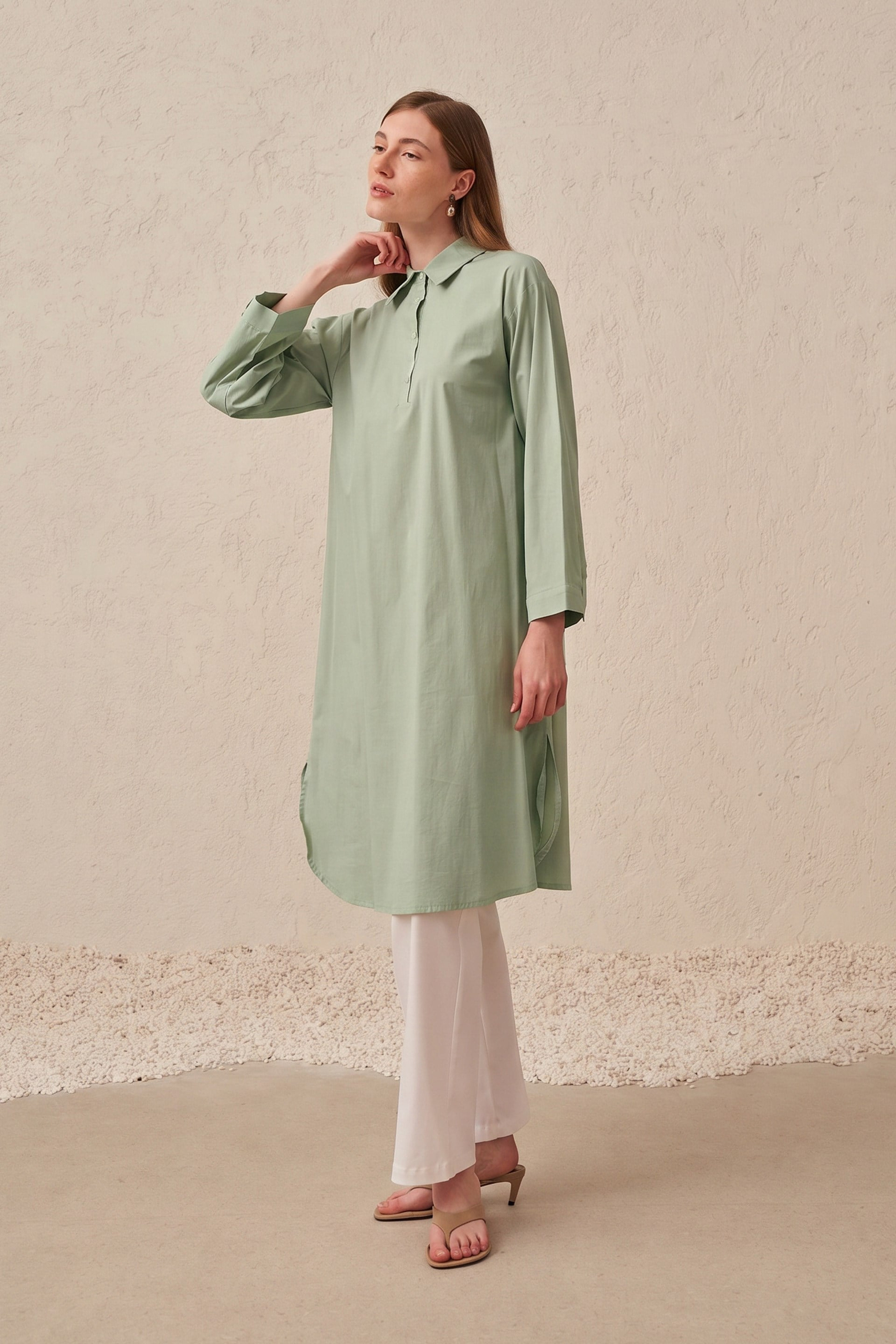 Mint-Düğme Detaylı Poplin Tunik