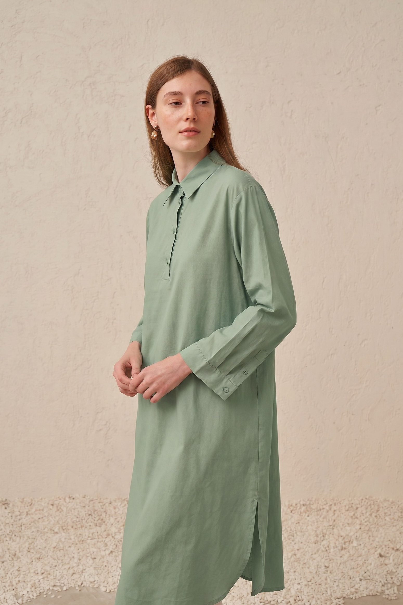 Mint-Düğme Detaylı Poplin Tunik