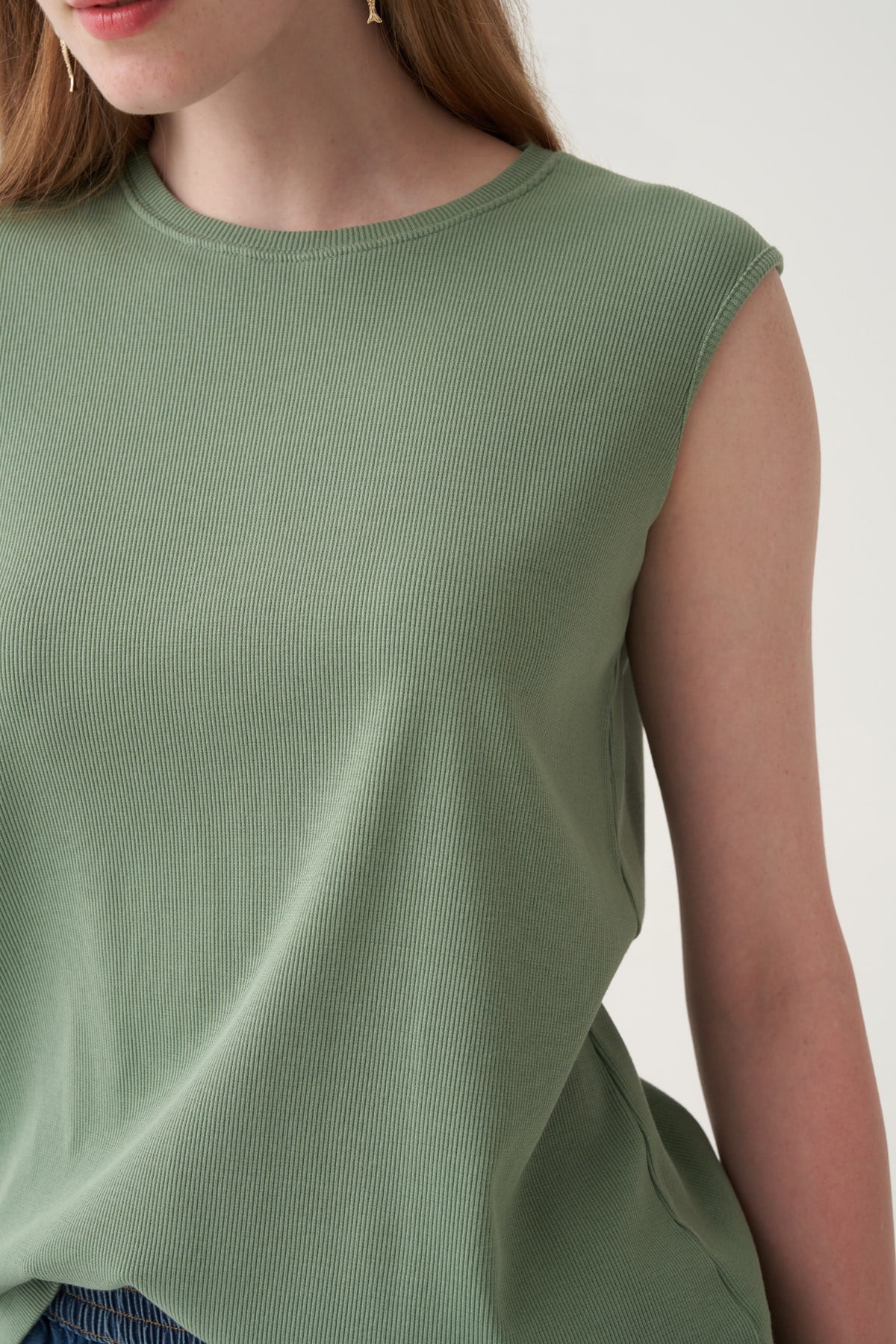 Mint-Pamuklu Fitilli Kolsuz Likralı T-Shirt