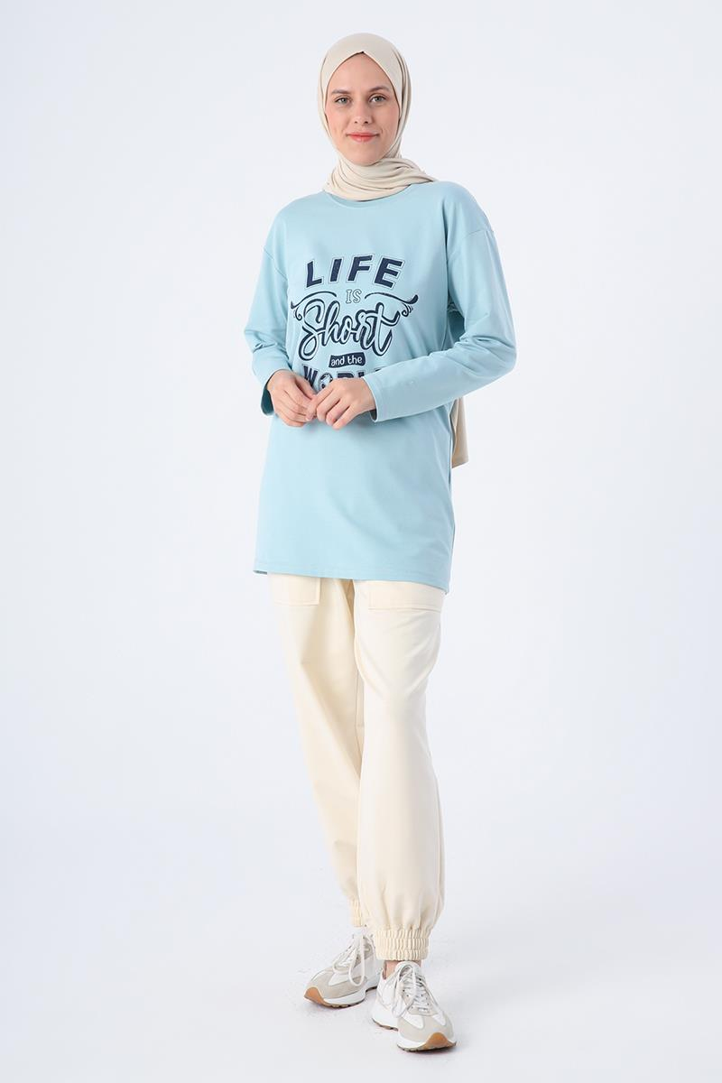Mint-Pamuklu Rahat Kalıp Baskılı Basic Tunik
