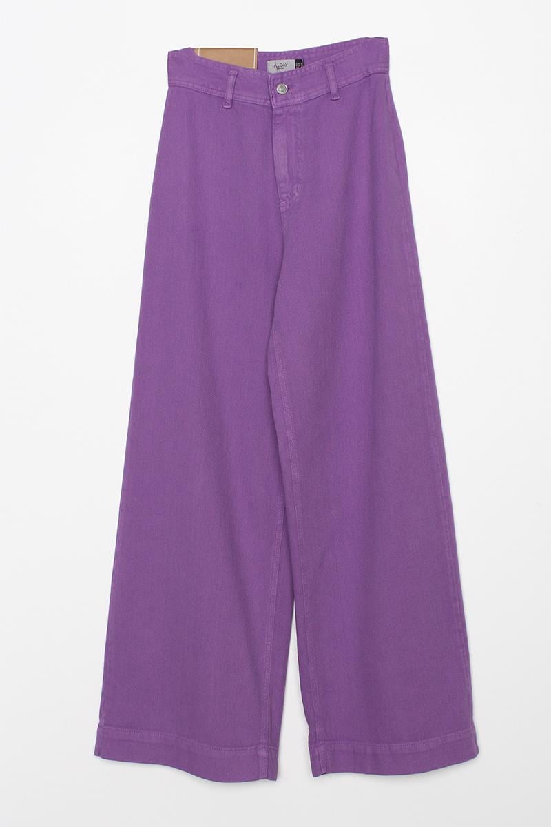 Purple-100% Cotton High Waist Wide Leg Trousers