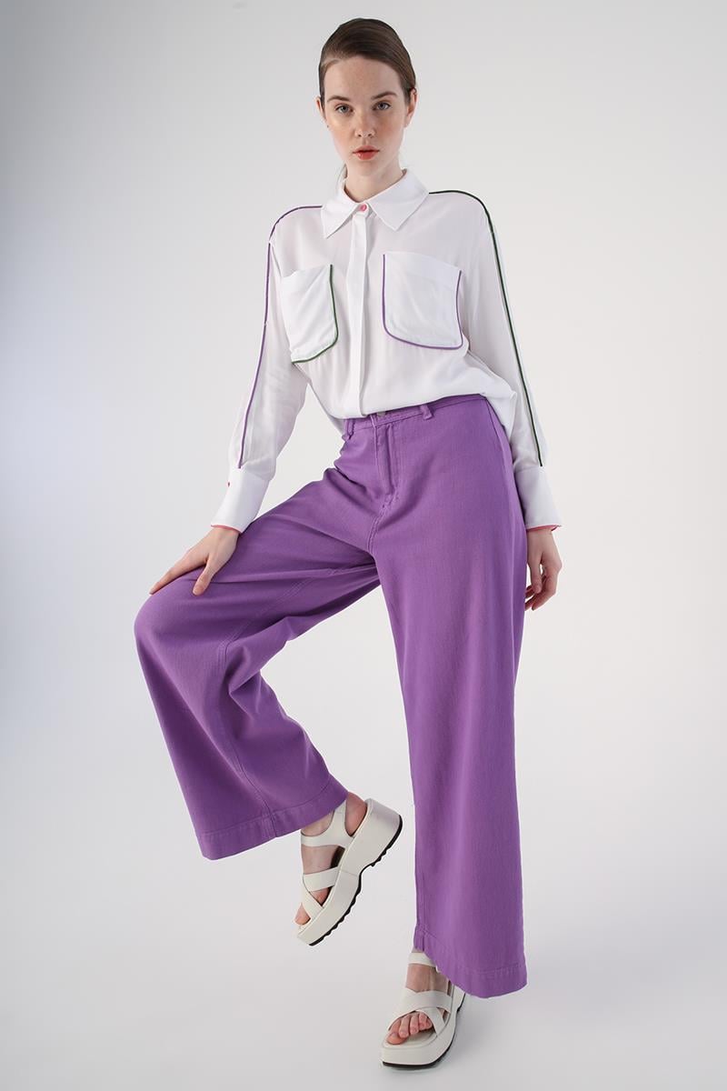 Purple-100% Cotton High Waist Wide Leg Trousers