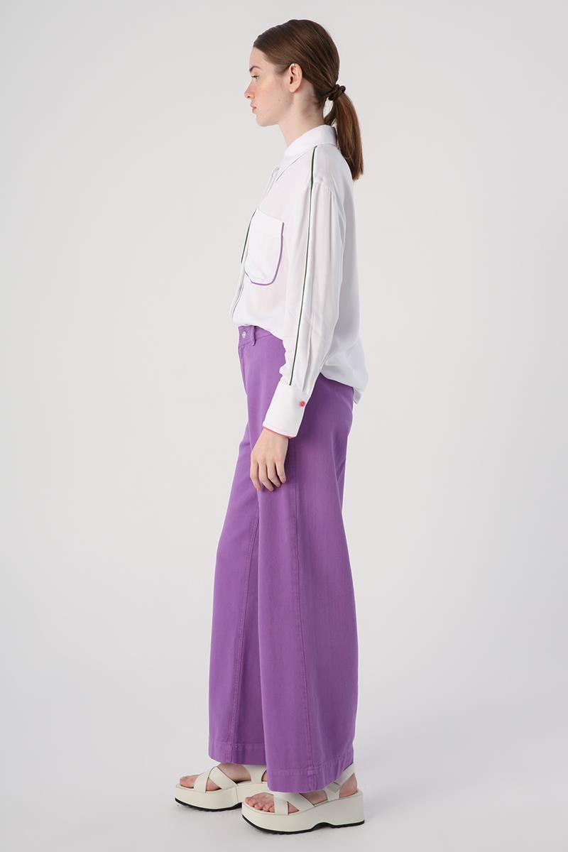 Purple-100% Cotton High Waist Wide Leg Trousers