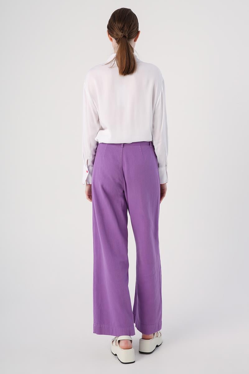 Purple-100% Cotton High Waist Wide Leg Trousers
