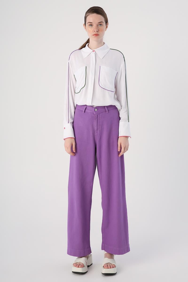 Purple-100% Cotton High Waist Wide Leg Trousers